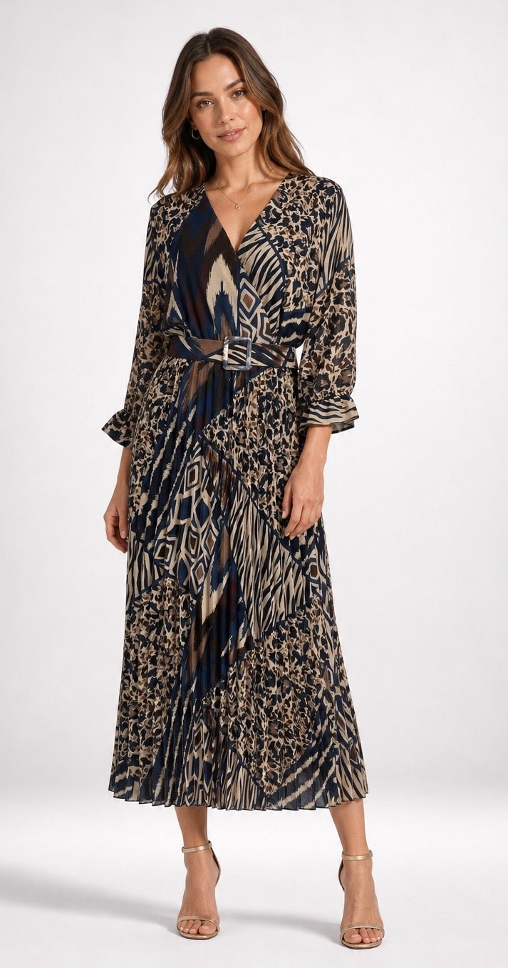 Patchwork Print Belted Midi Dress