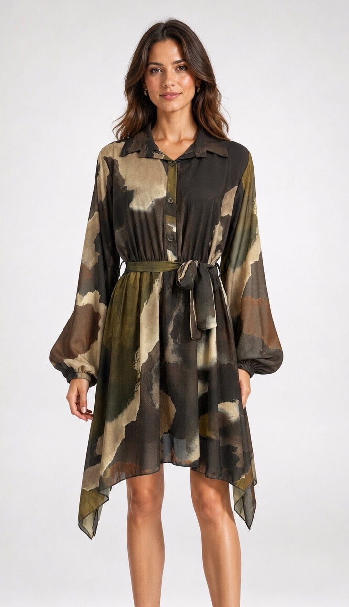 Abstract Print Collared Midi Dress