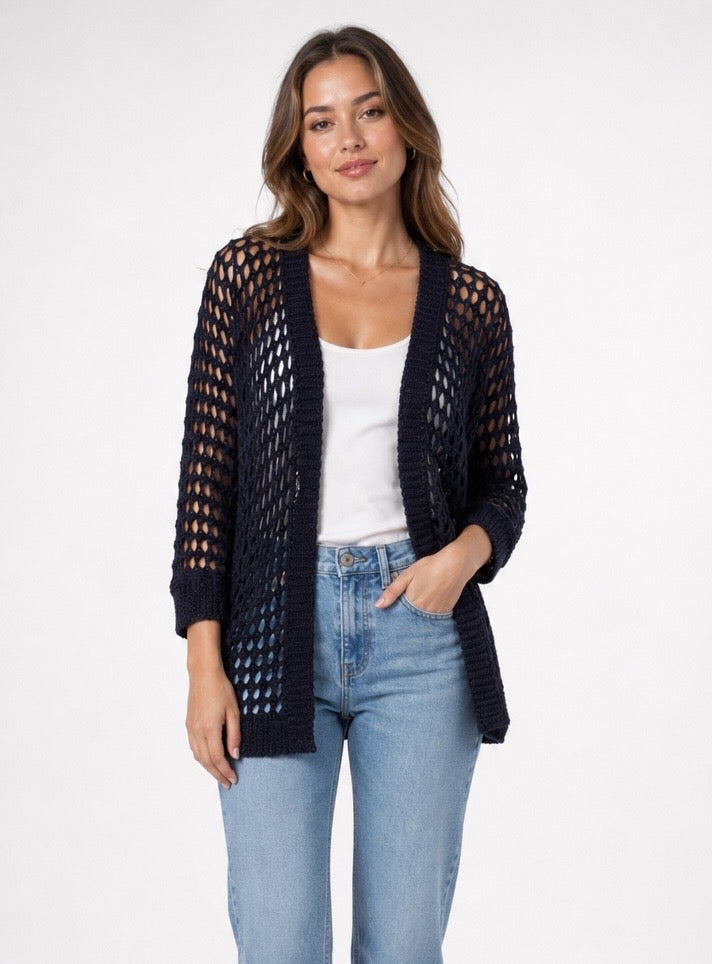 Open-Knit 3/4 Sleeve Cardigan
