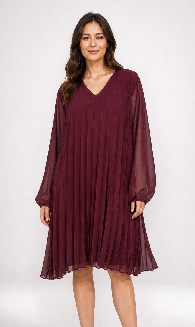 Pleated Chiffon V-Neck Dress