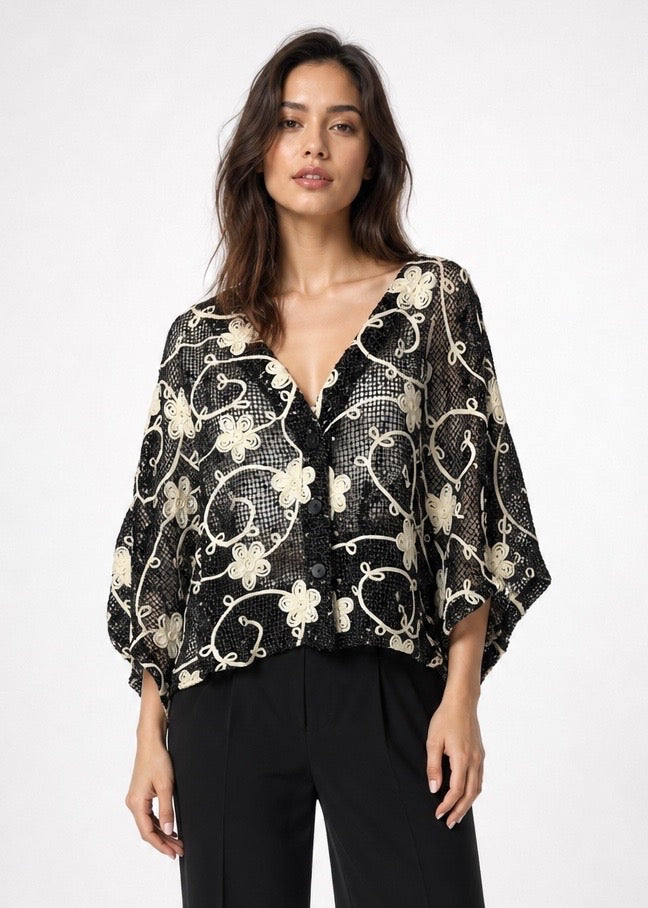 Embroidered Sheer Button-Down Blouse
