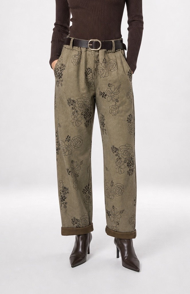 Floral Print Belted Suede Trousers