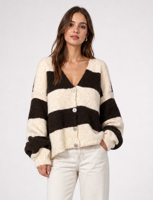 Striped V-Neck Button-Front Cardigan