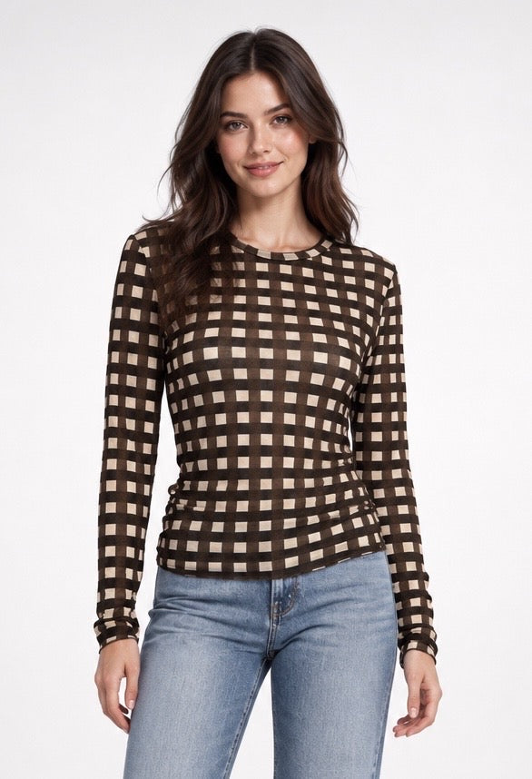Cashmere Enriched Check Sheer Top