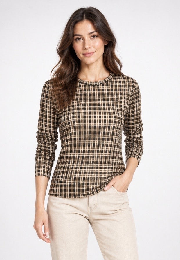 Cashmere Enriched Check Print Long Sleeve Top