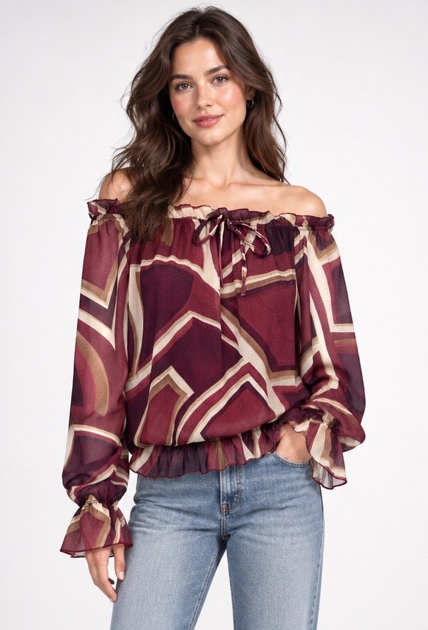 Abstract Geo-Print Off-the-Shoulder Blouse