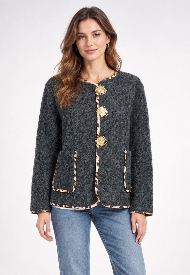 Textured Knit Jacket with Sunburst Buttons