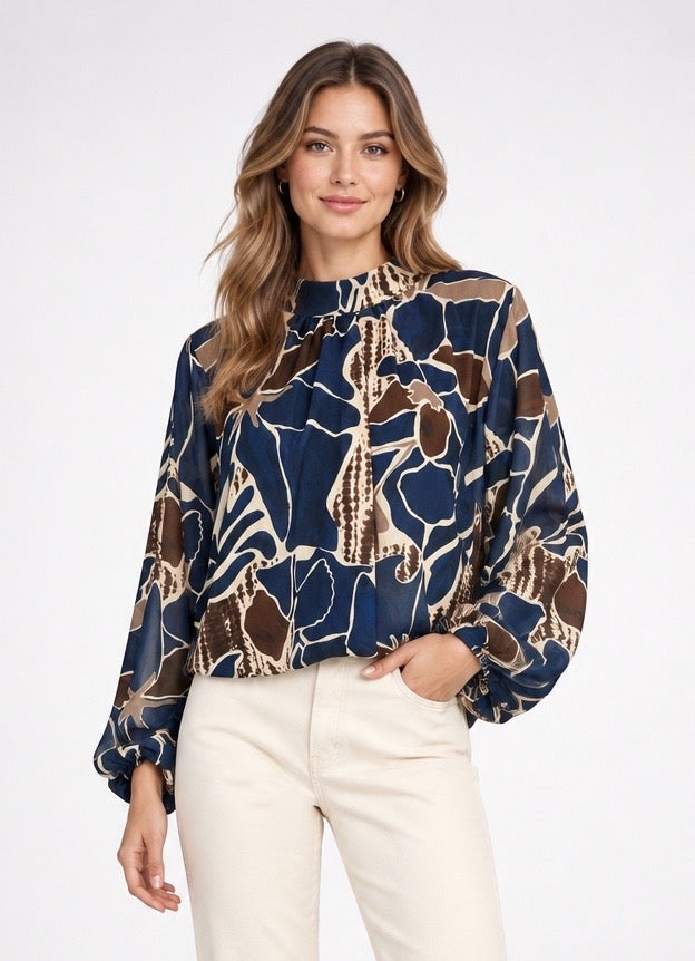 Abstract Print High Neck Blouse