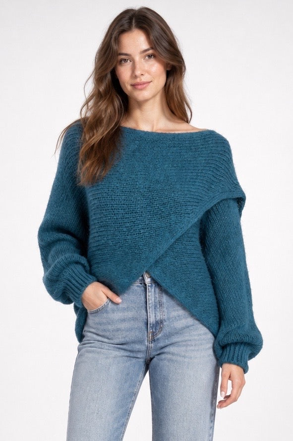 Asymmetric Crossover Wool Knit Sweater