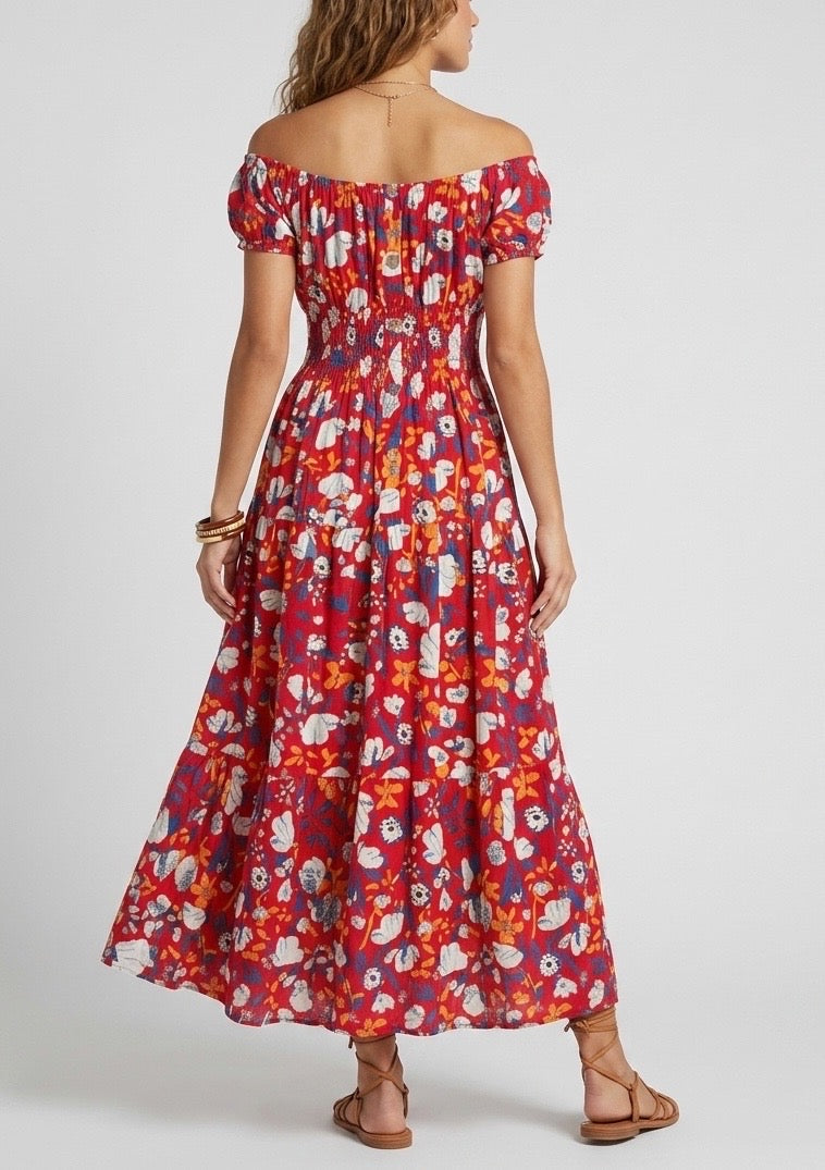 Off-Shoulder Shirred Midi Dress