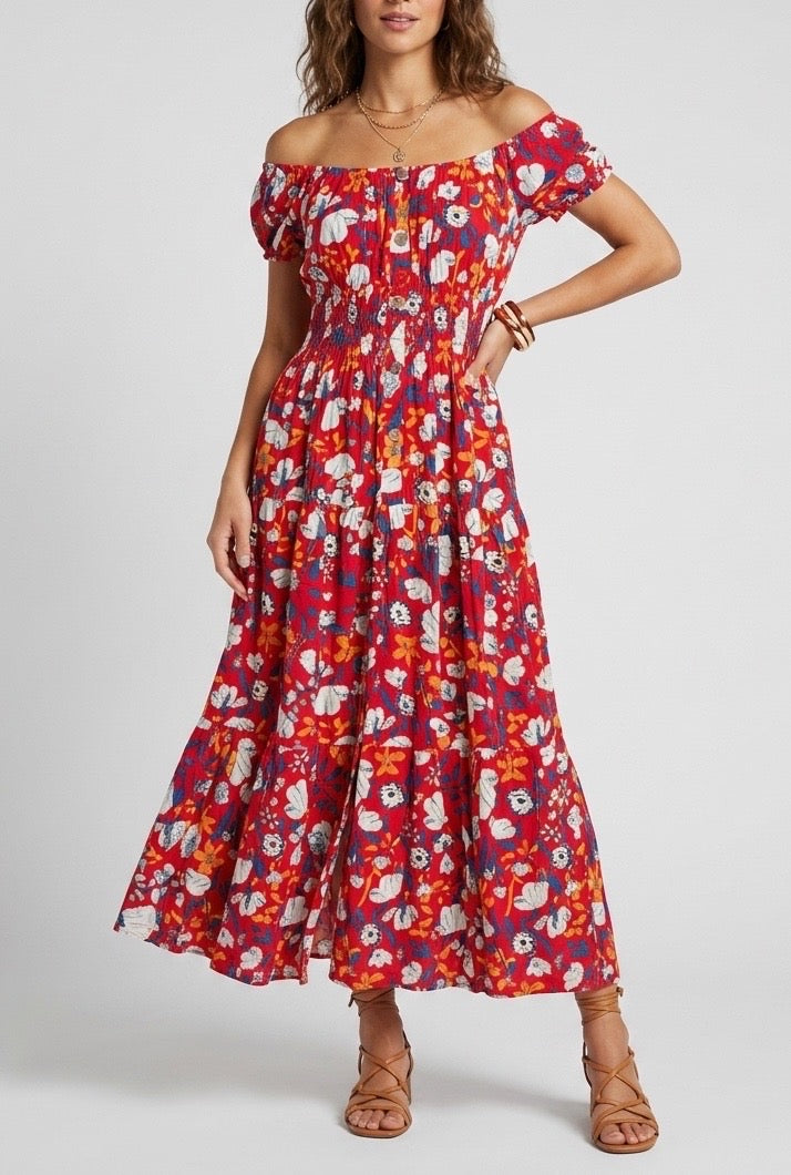 Off-Shoulder Shirred Midi Dress