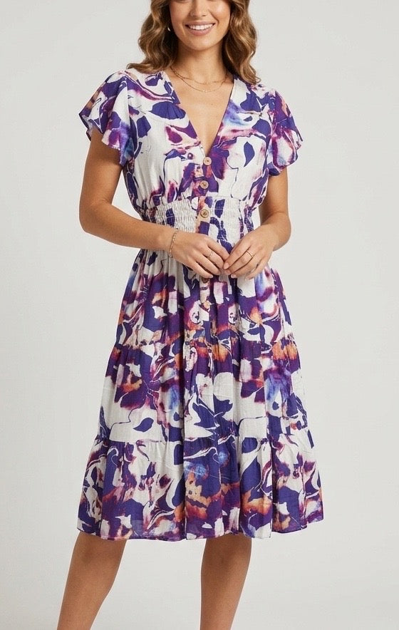 Floral Midi Dress with Shirred Waist