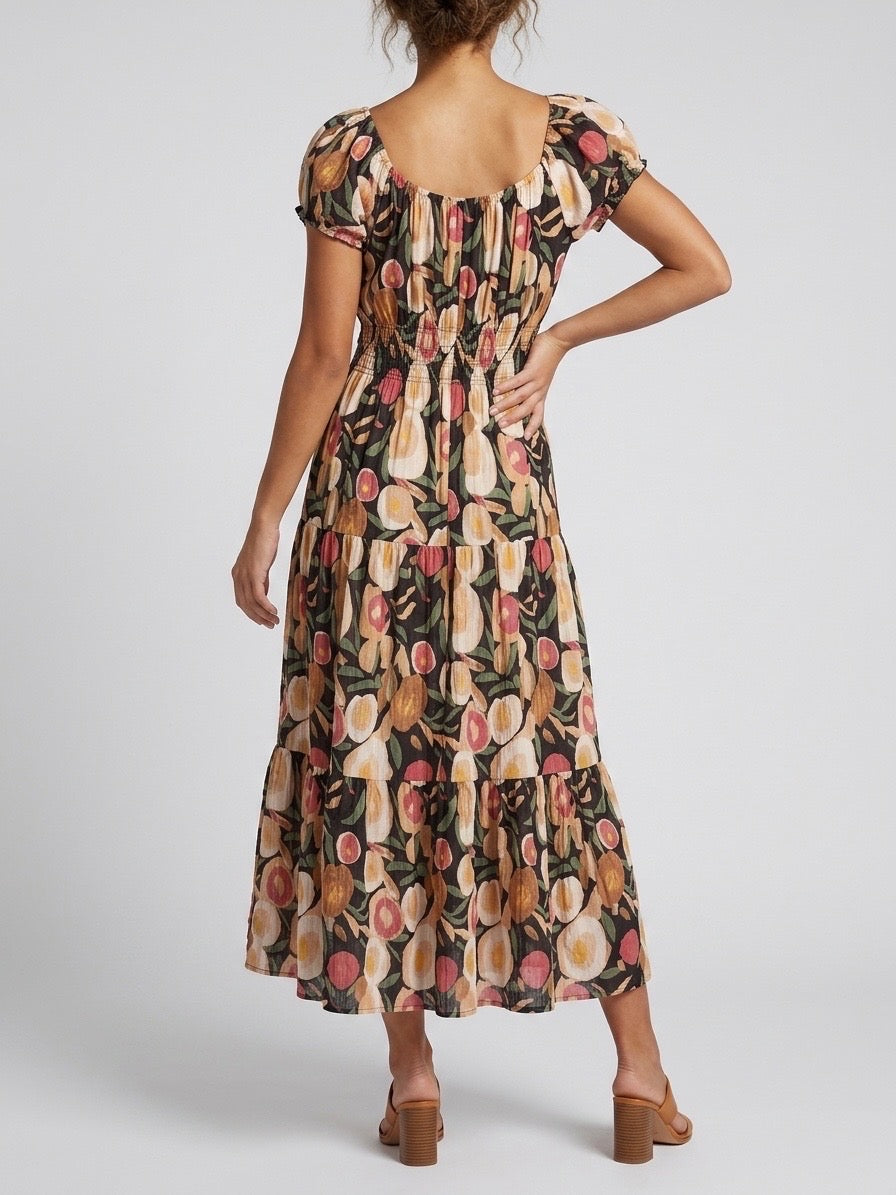 Tiered Fruit Print Midi Dress