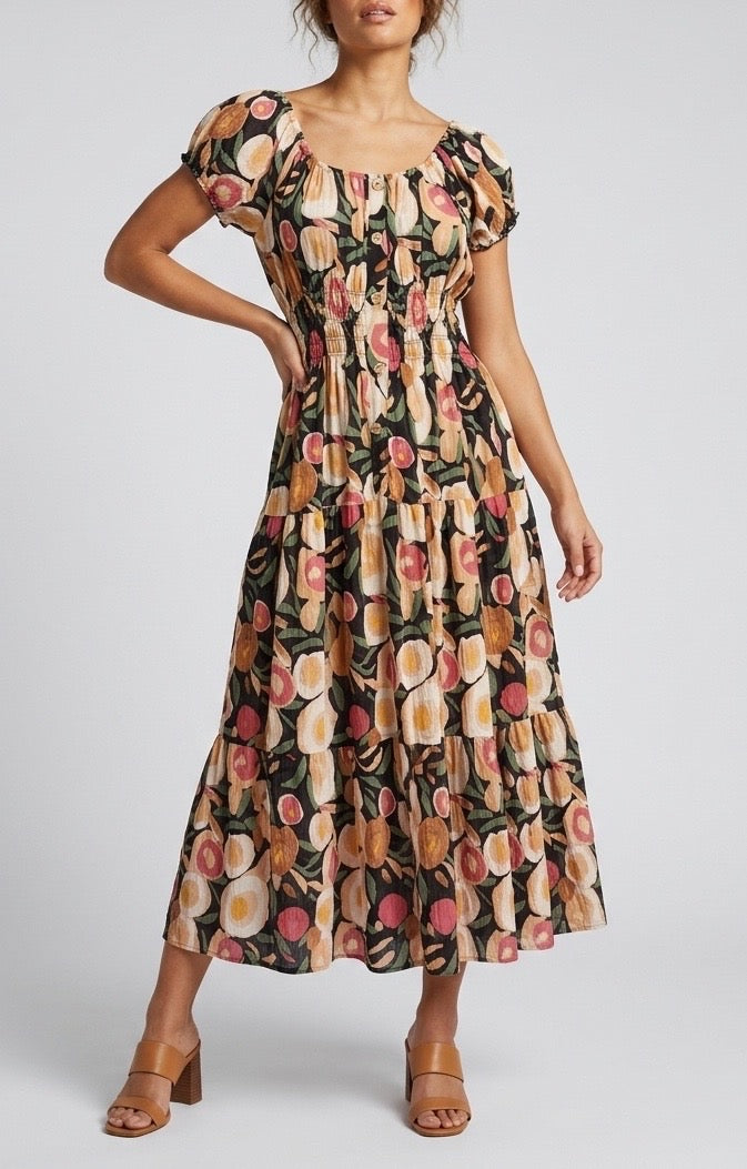 Tiered Fruit Print Midi Dress