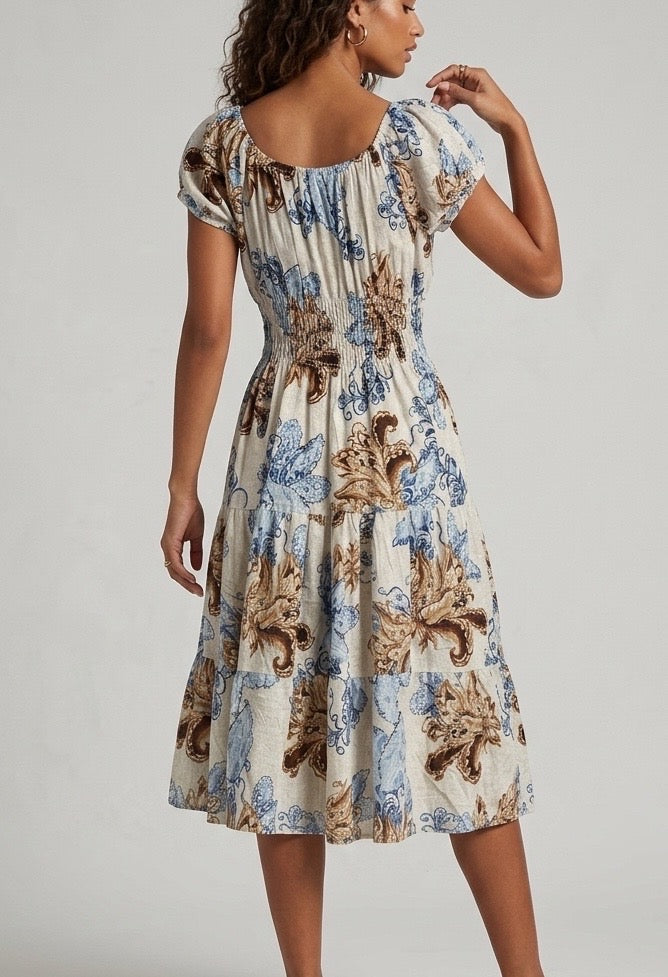 Shirred Puff Sleeve Midi Dress