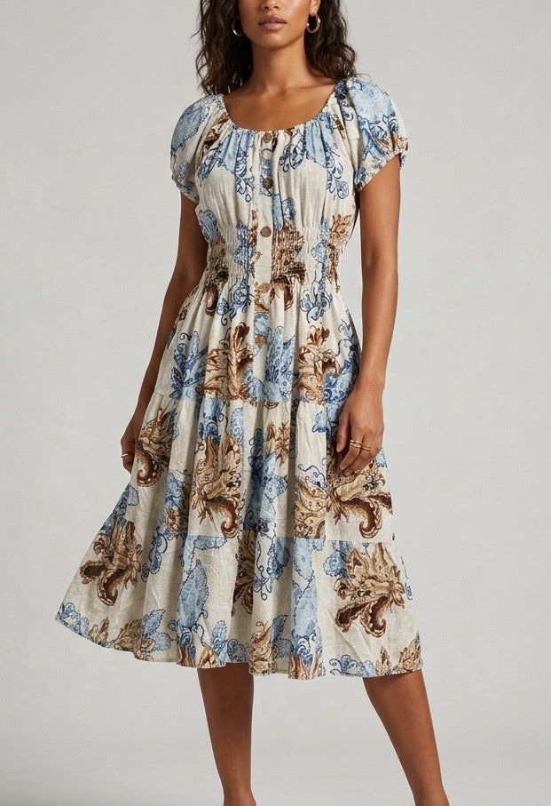 Shirred Puff Sleeve Midi Dress