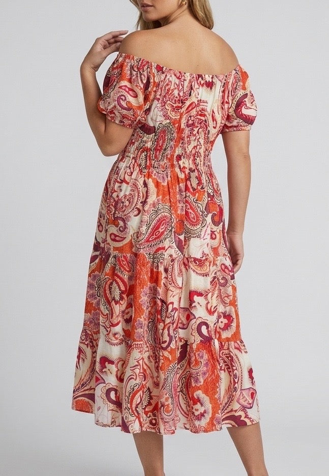 Off-Shoulder Shirred Midi Dress