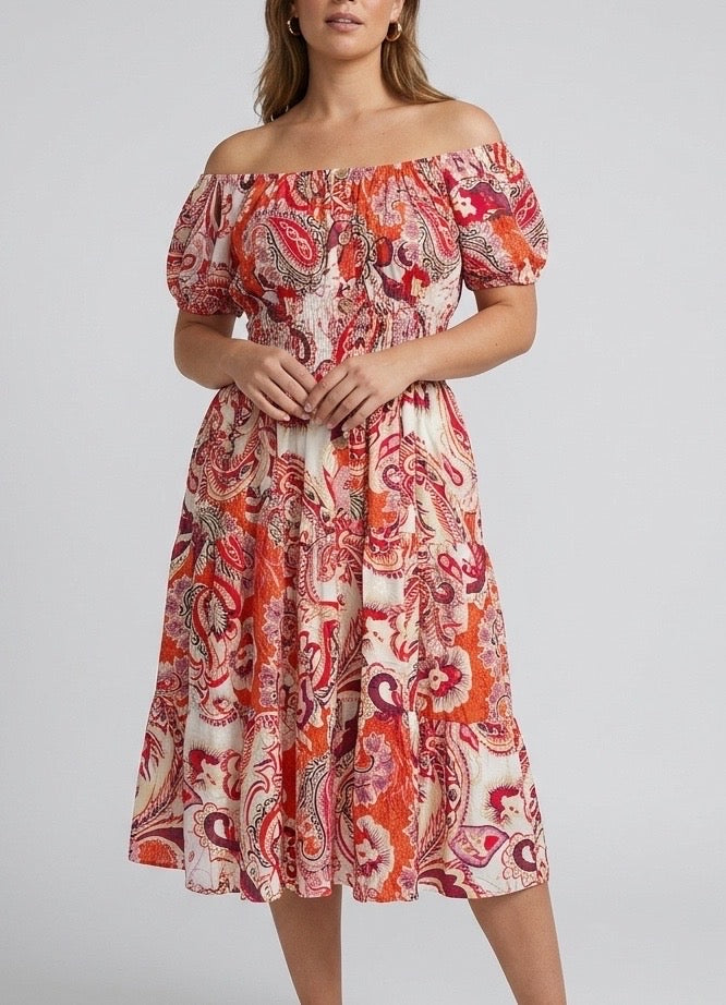 Off-Shoulder Shirred Midi Dress