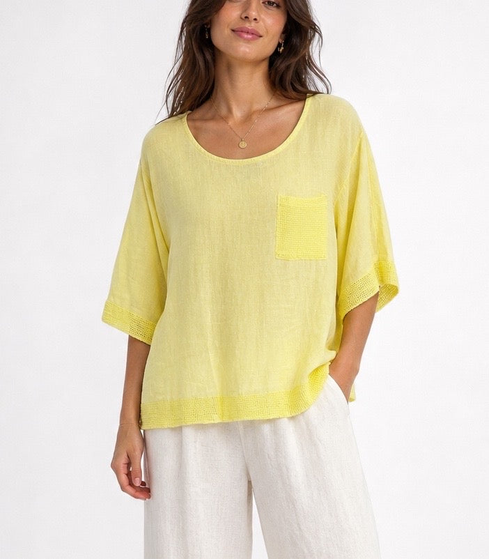 Woven Scoop Neck Top with Textured Trim