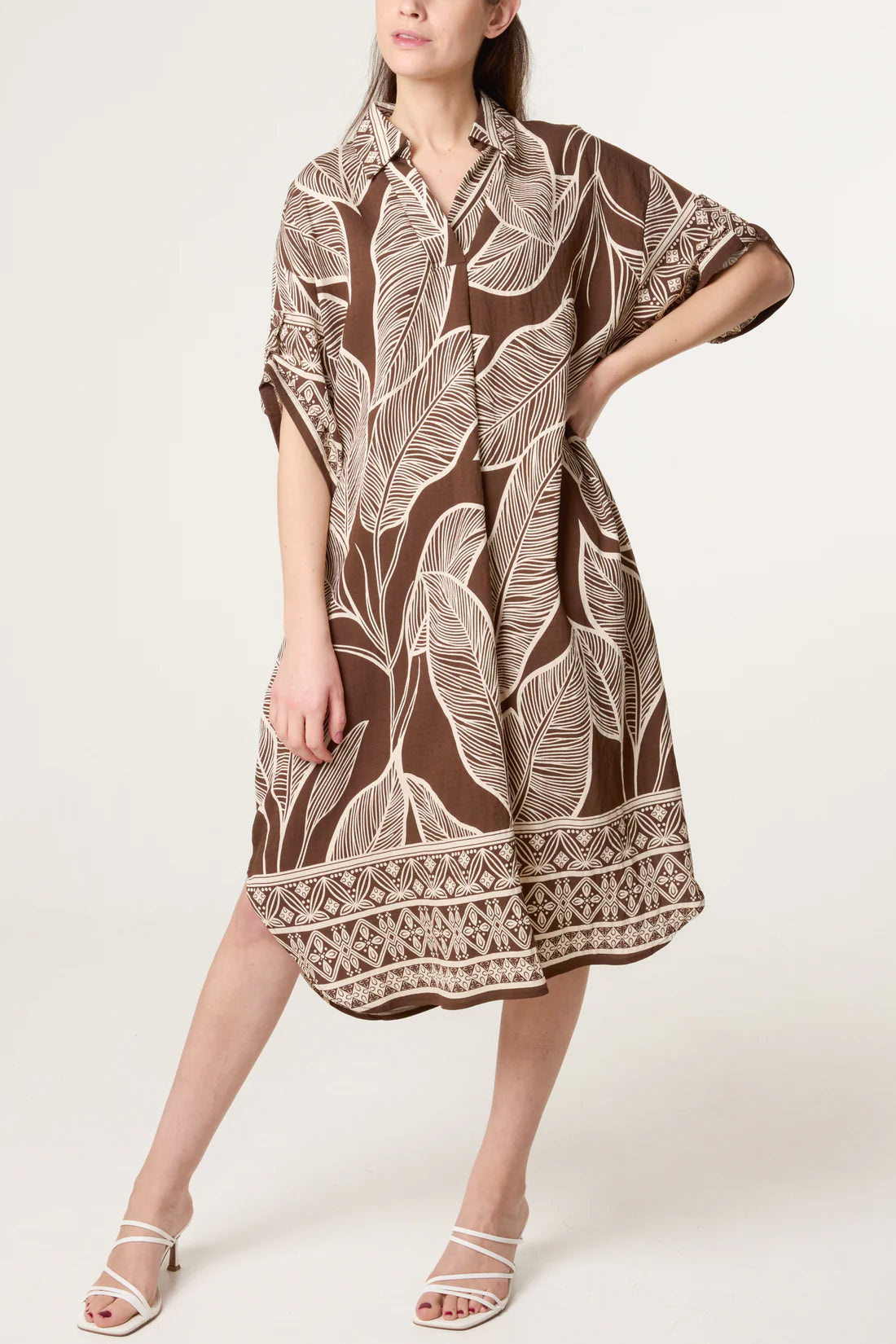 Leaf Print Midi Dress with Statement Collar