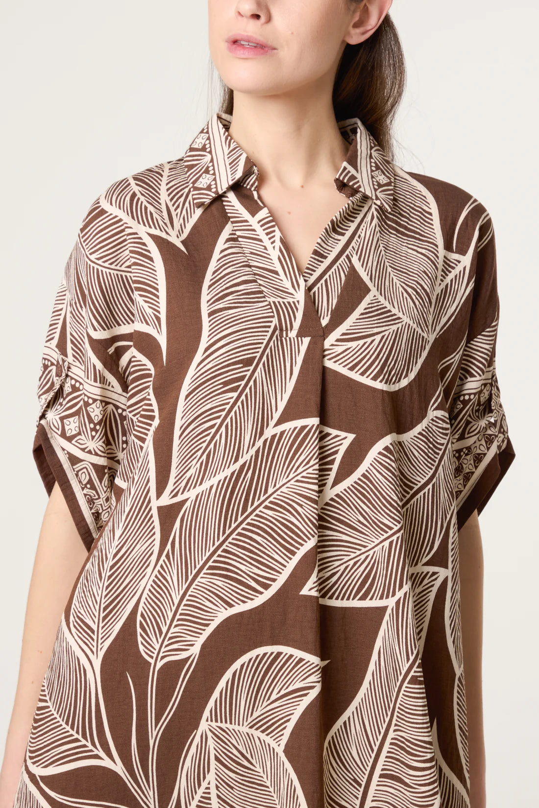 Leaf Print Midi Dress with Statement Collar