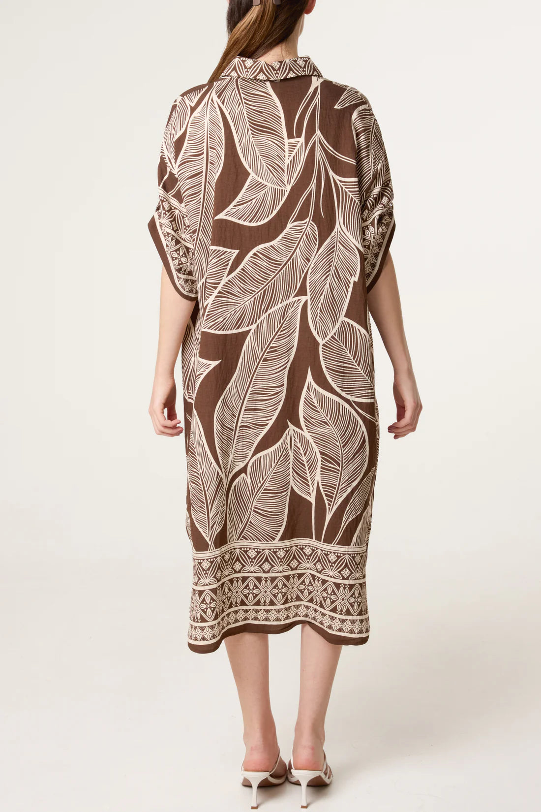 Leaf Print Midi Dress with Statement Collar