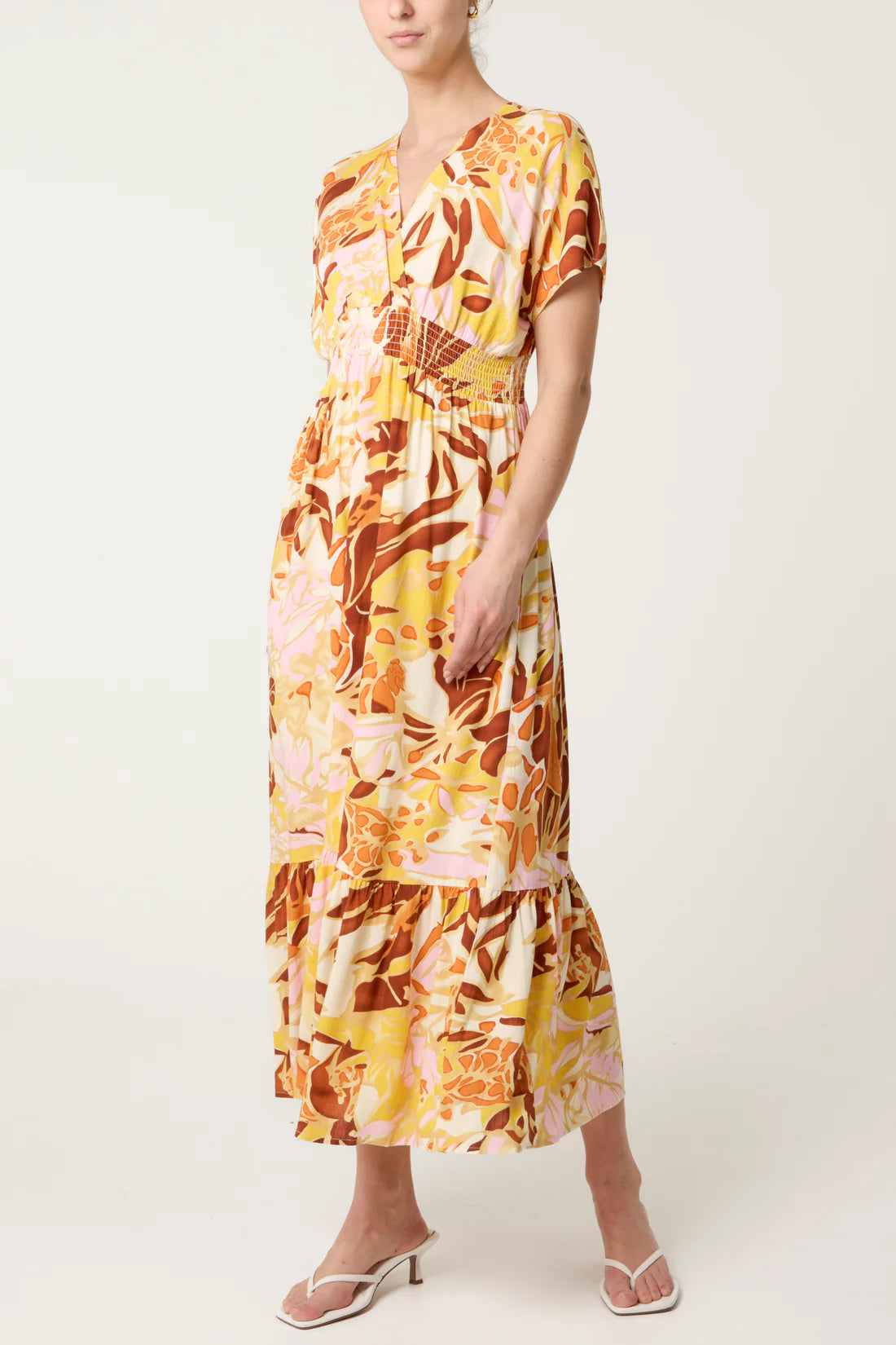Maxi Dress with Elasticated Waistband and Tiered Hem - Orange