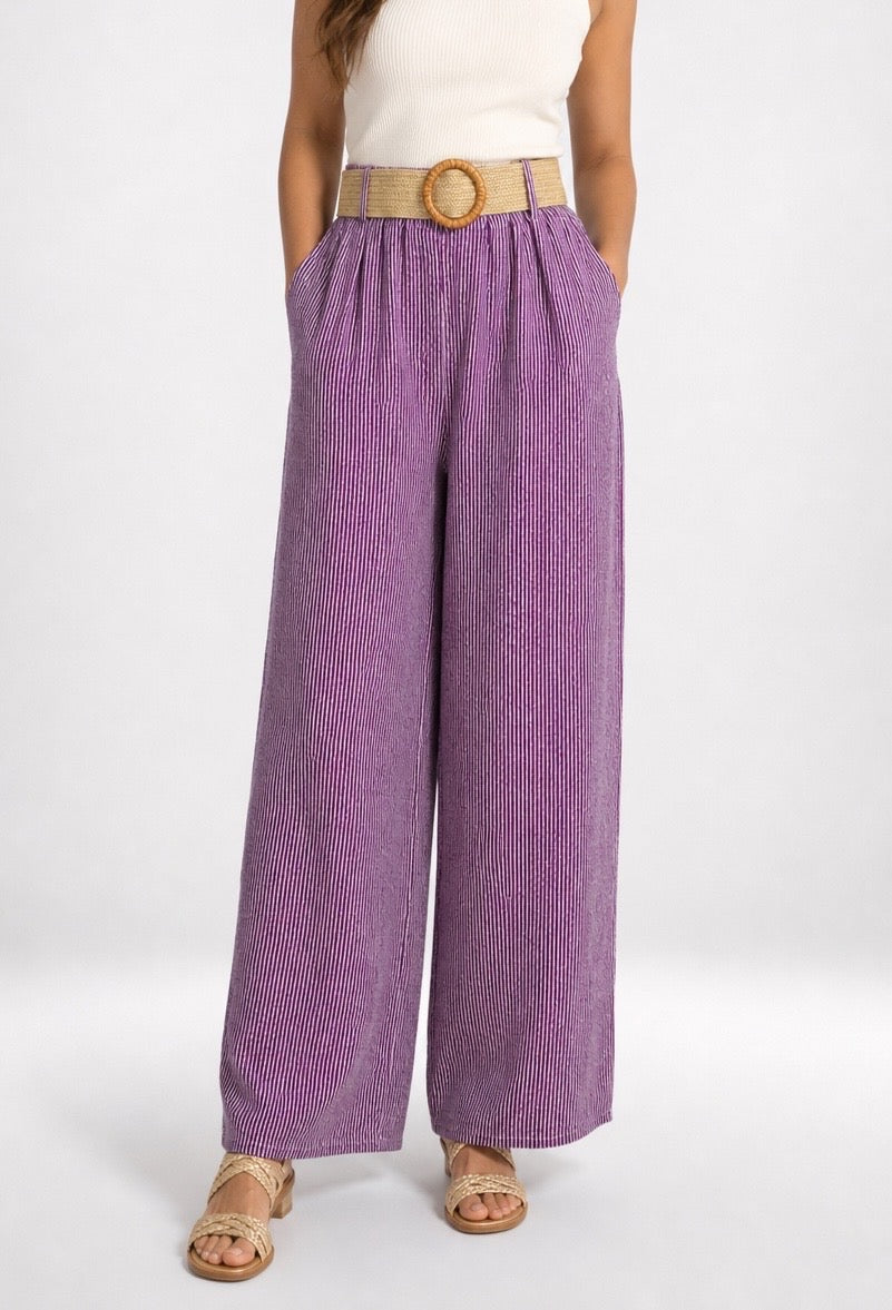 Wide-Leg Striped Trousers with Woven Belt