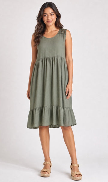 Tiered Midi Dress with Embroidered Shoulder