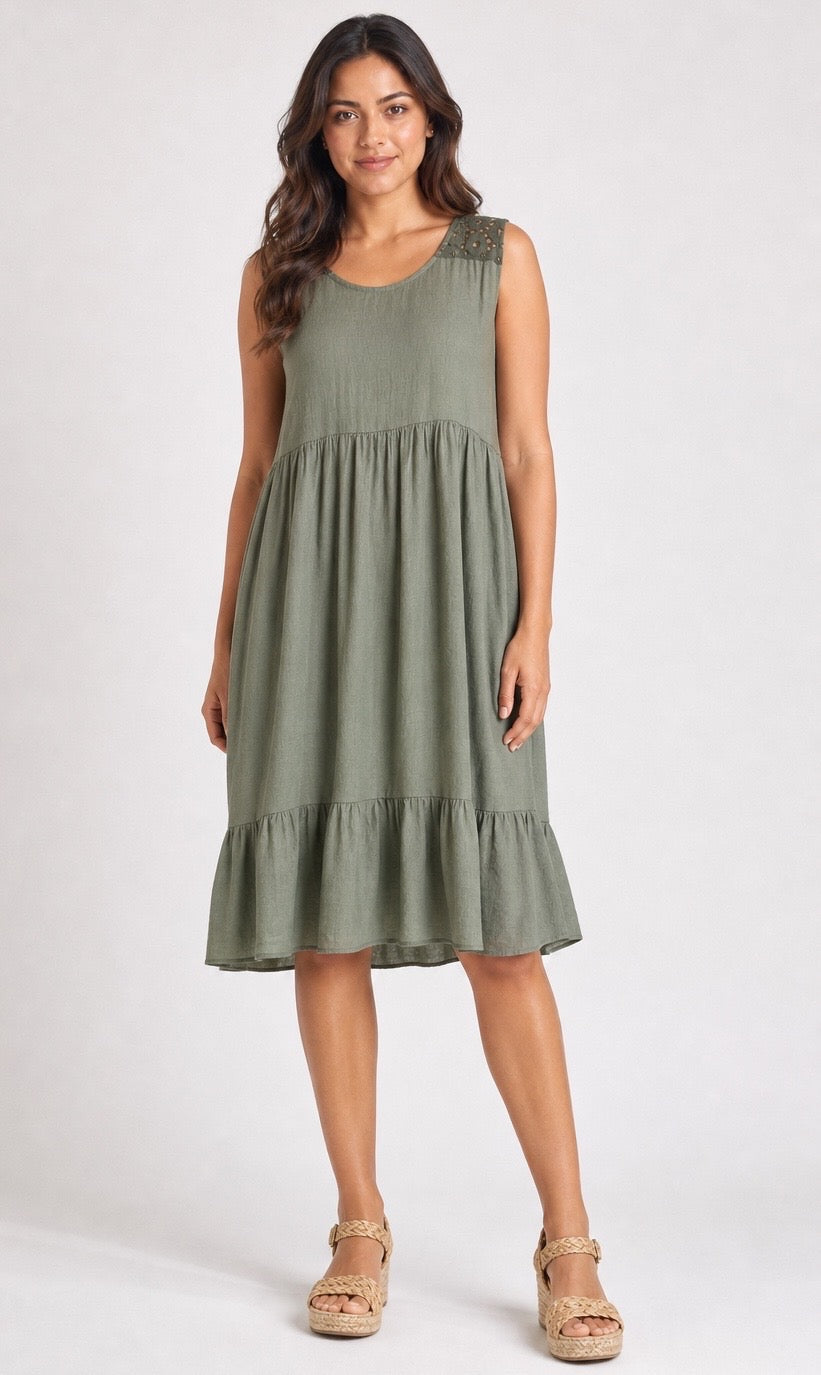 Tiered Midi Dress with Embroidered Shoulder