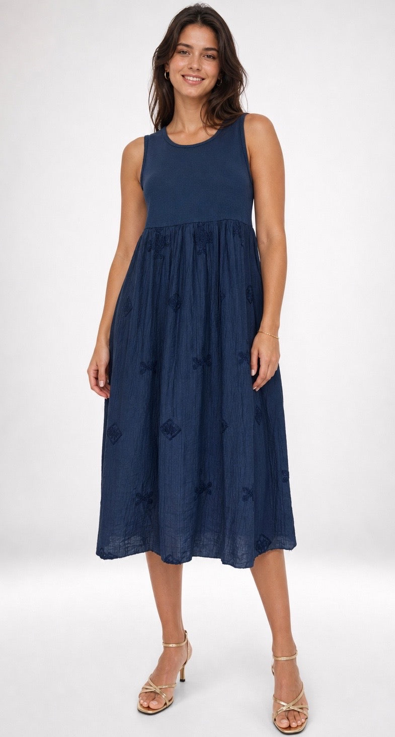 Embroidered Textured Midi Dress