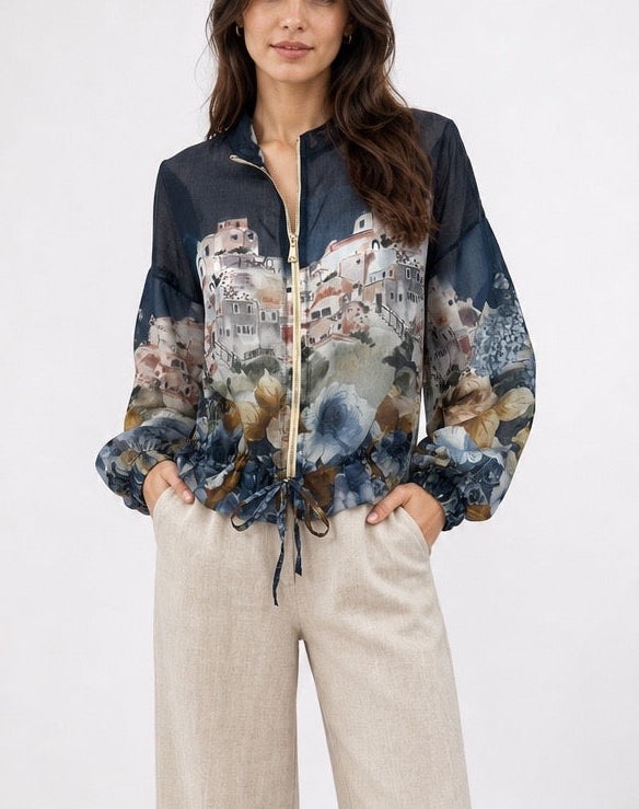 Scenic Print Sheer Bomber Jacket
