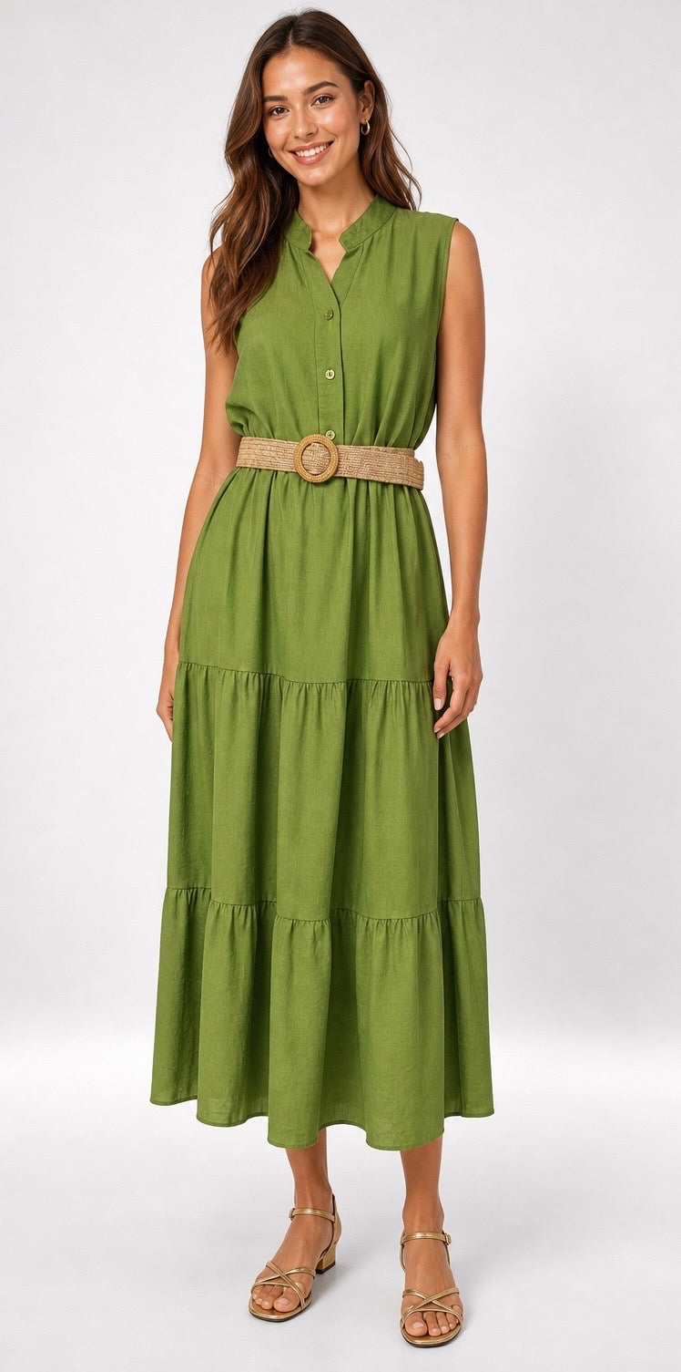 Tiered Midi Dress with Belt