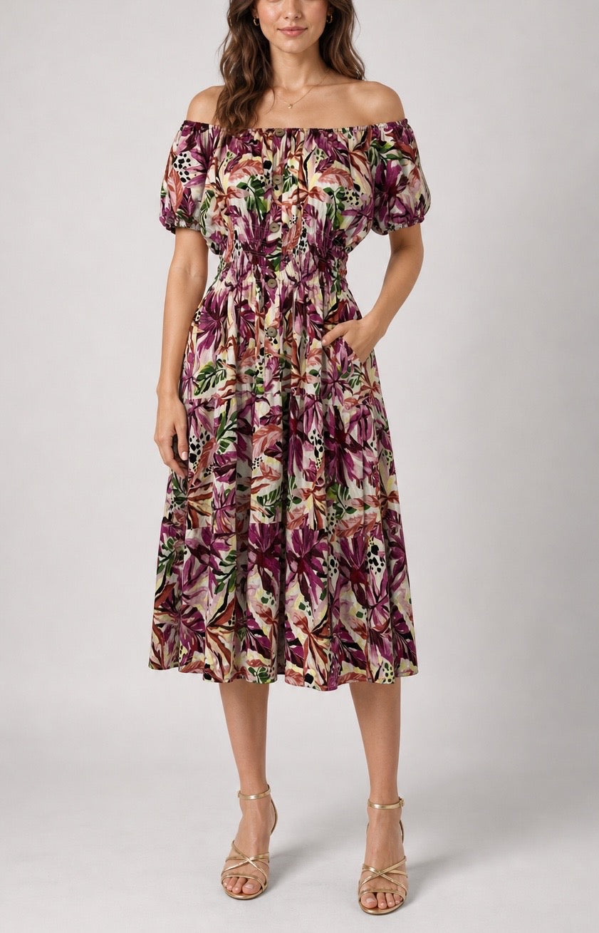 Off-Shoulder Shirred Waist Midi Dress