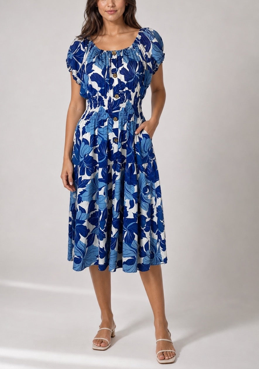 Smocked Bodice Square Neck Midi Dress