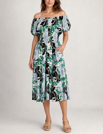 Off-the-shoulder Smocked Midi Dress