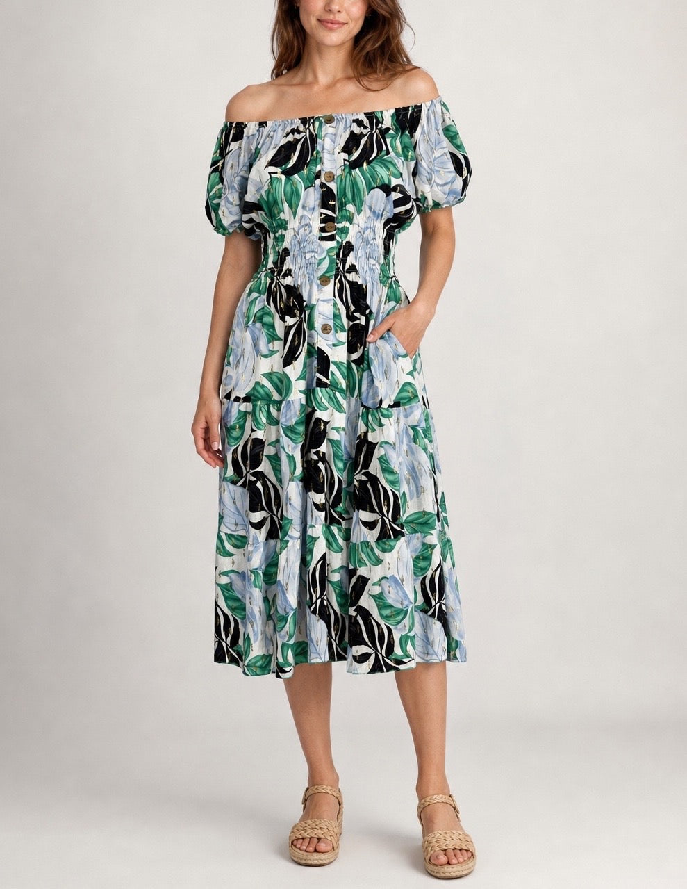 Off-the-shoulder Smocked Midi Dress