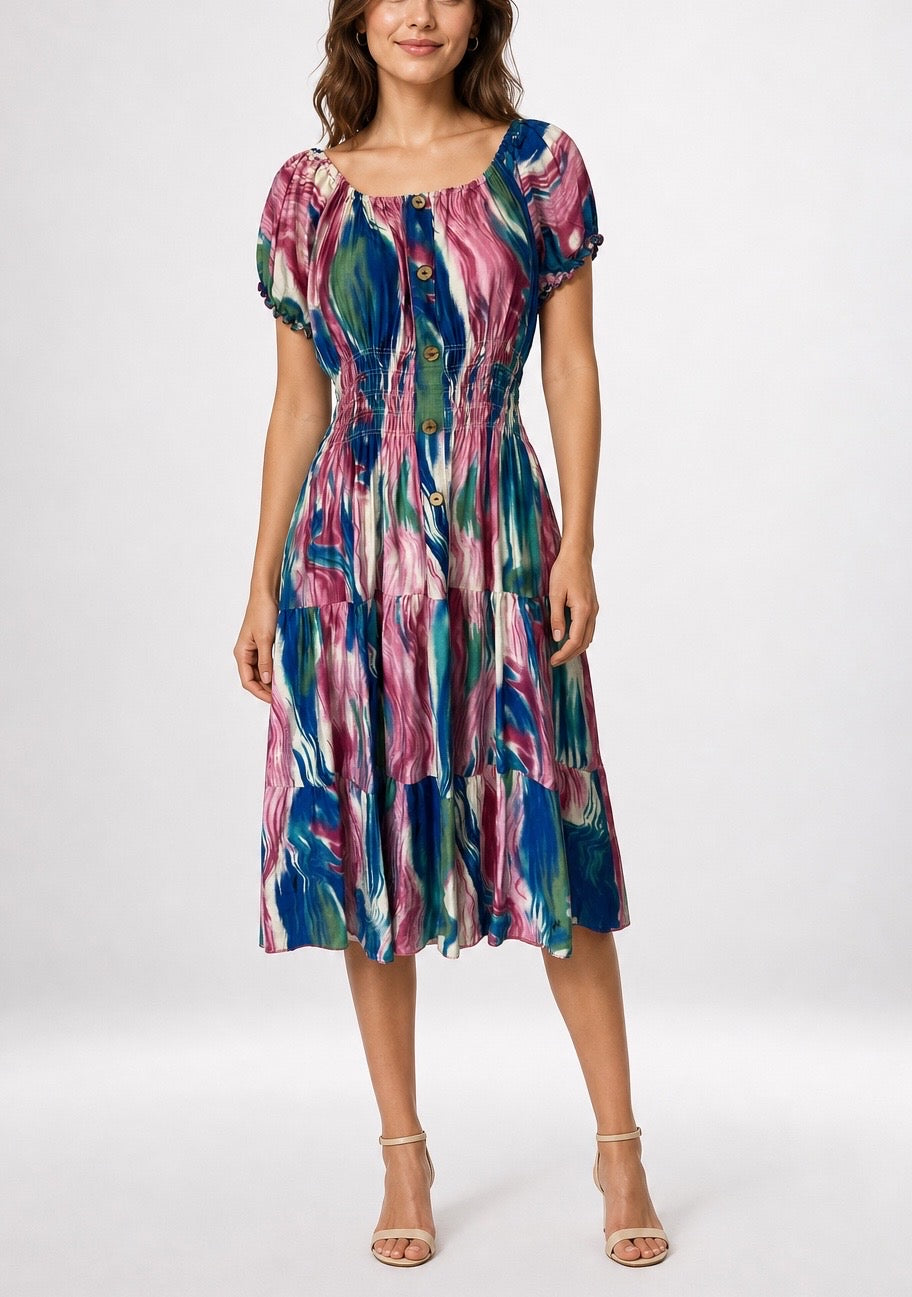 Shirred Tiered Midi Dress