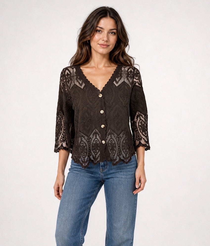 Button Front Lace Crochet Blouse