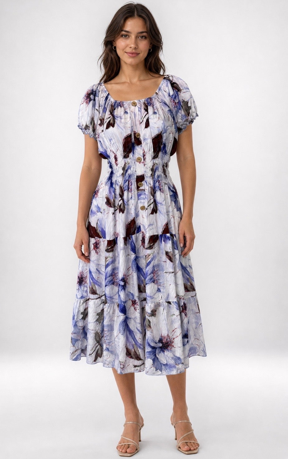 Floral Bardot Midi Dress with Smocked Waist