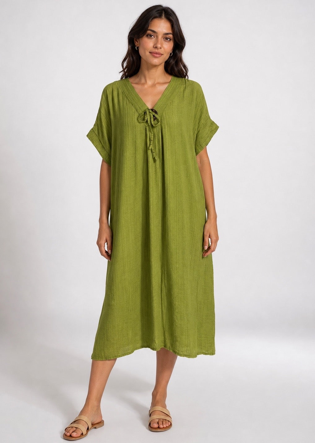 Textured V-Neck Button Front Midi Dress