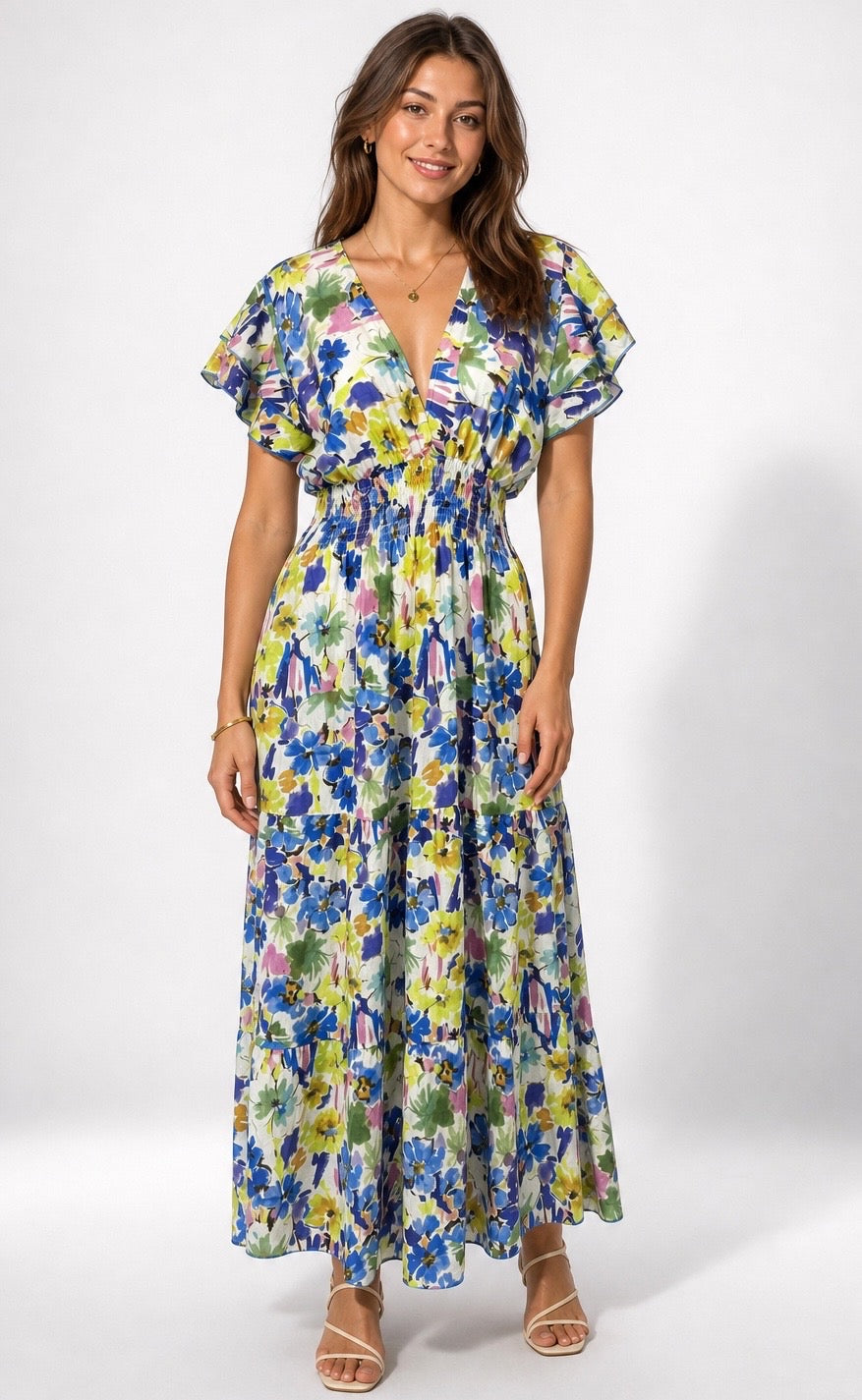 Bohemian Tiered Maxi Dress with Flutter Sleeves