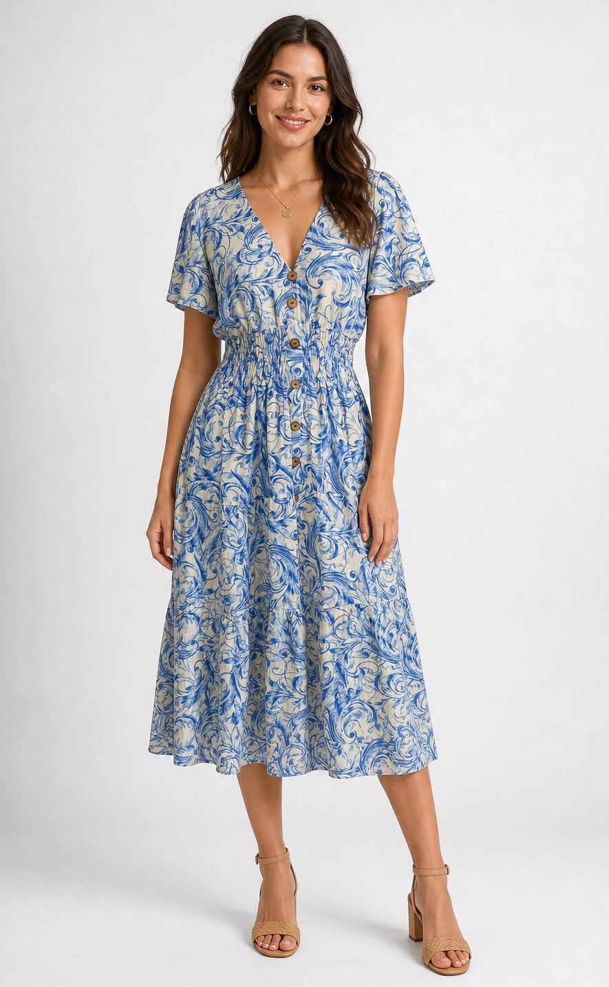 Swirl Print Shirred Waist Midi Dress