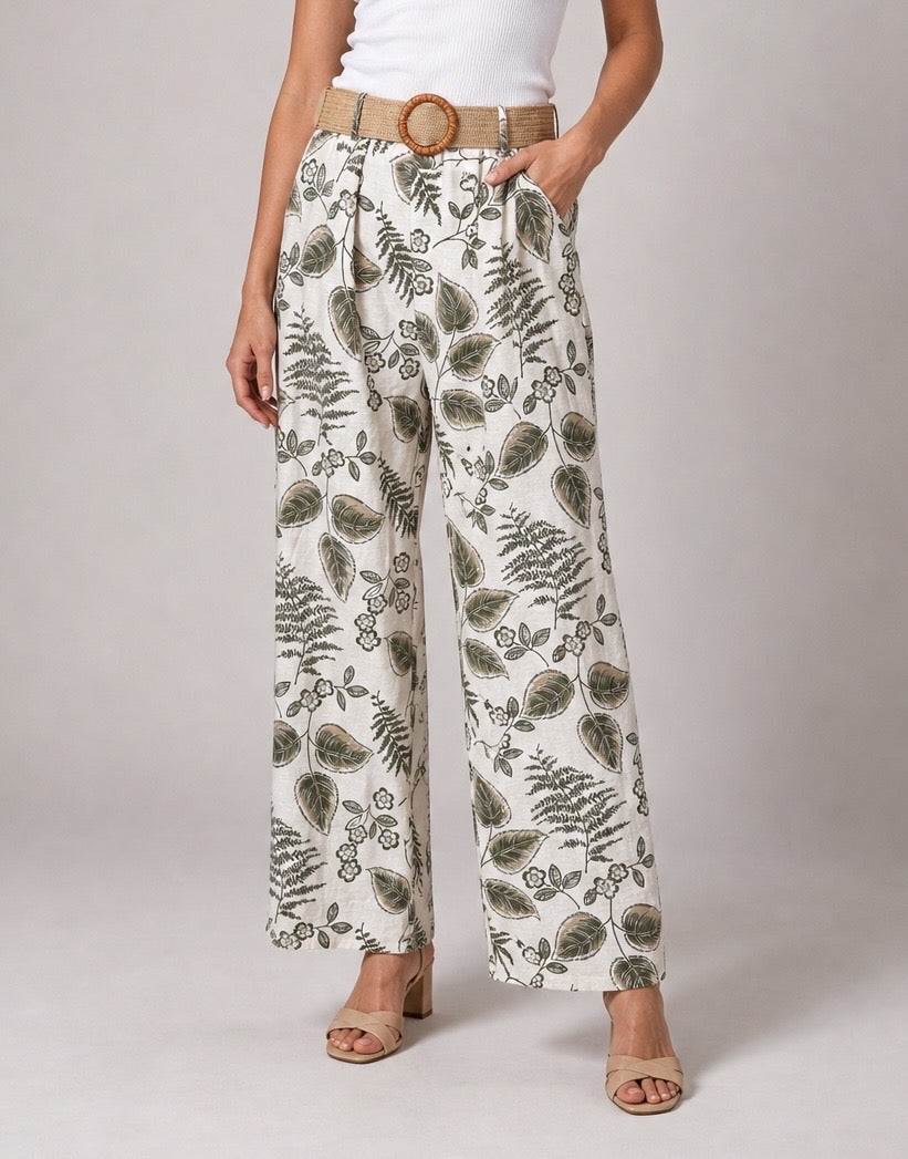 Stencil Leaf Print Wide-Leg Trousers