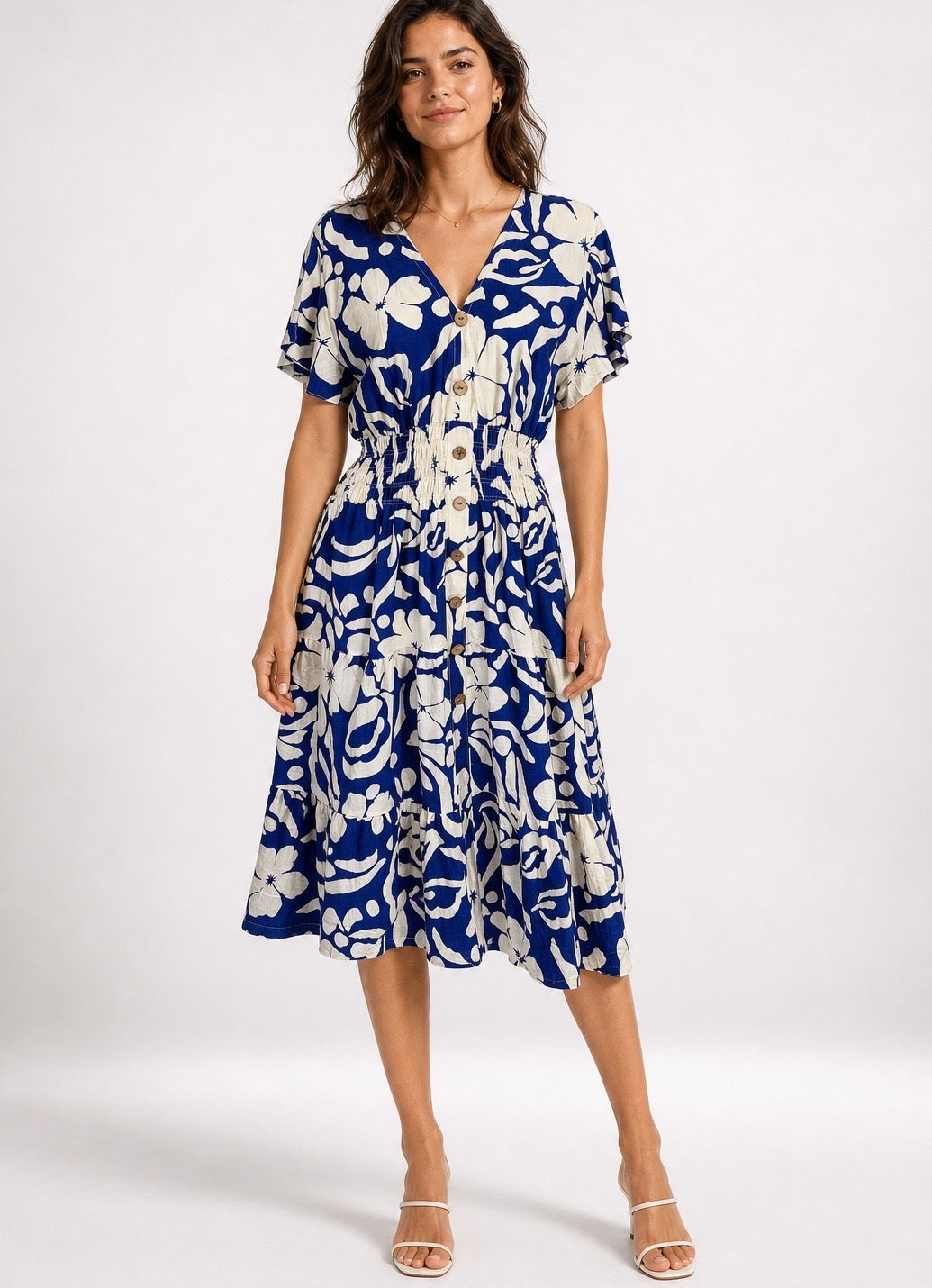 Flutter Sleeve Shirred Waist Midi Dress