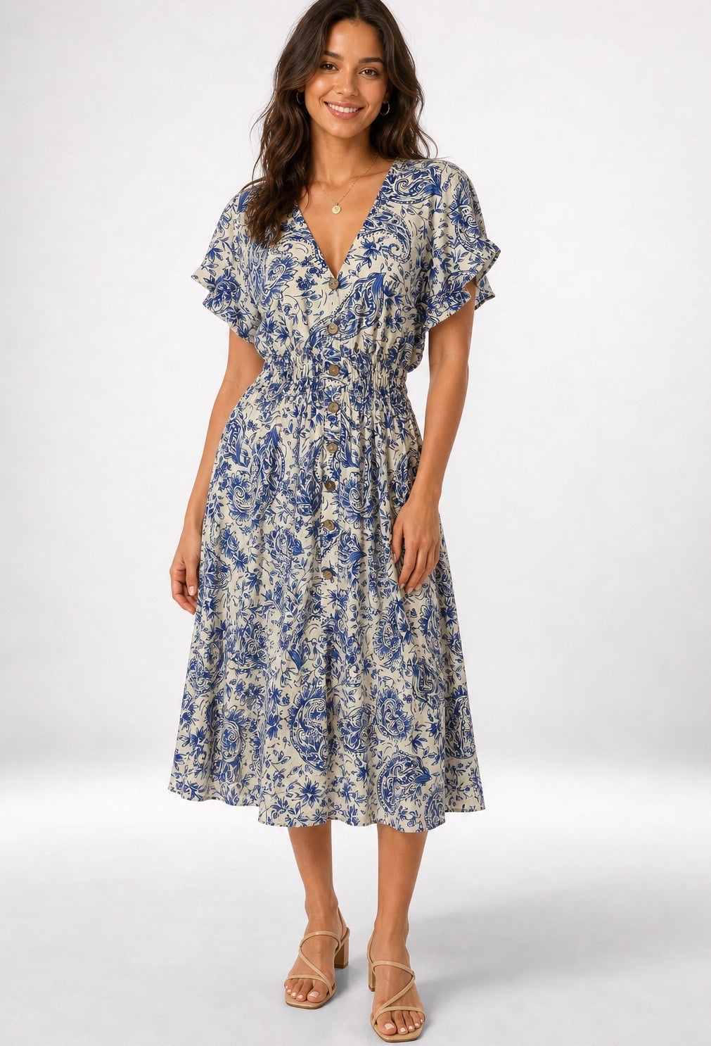 Printed Midi Dress with Flutter Sleeves
