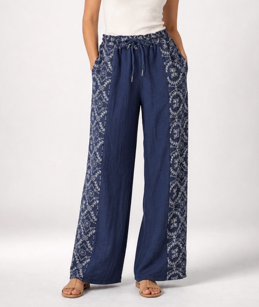 Panel Print Linen Mix Wide-Leg Trousers