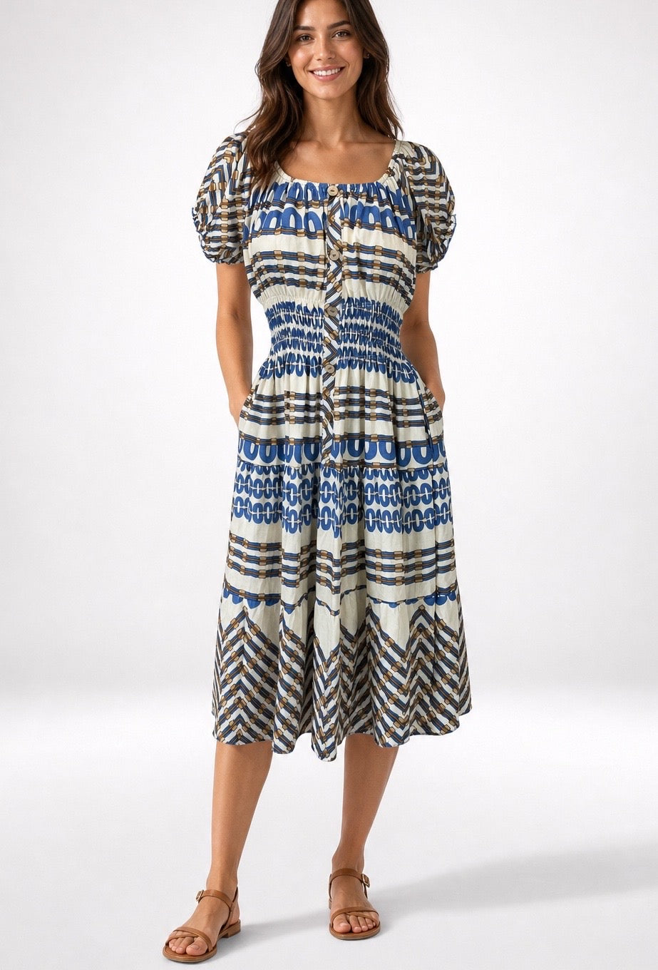 Chain Link Print Shirred Bodice Midi Dress