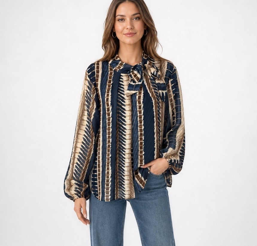 Abstract Print Pussy-bow Blouse