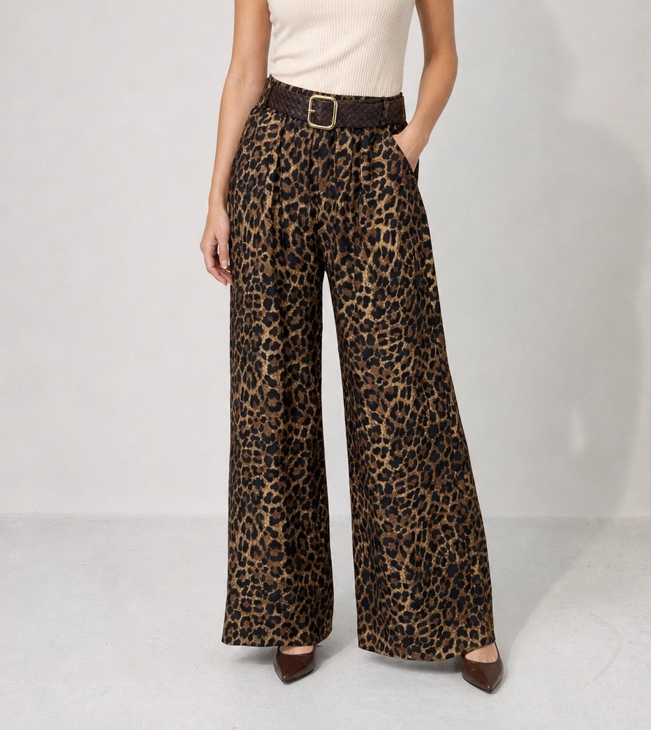 Leopard Print Wide-Leg Trousers with Belt